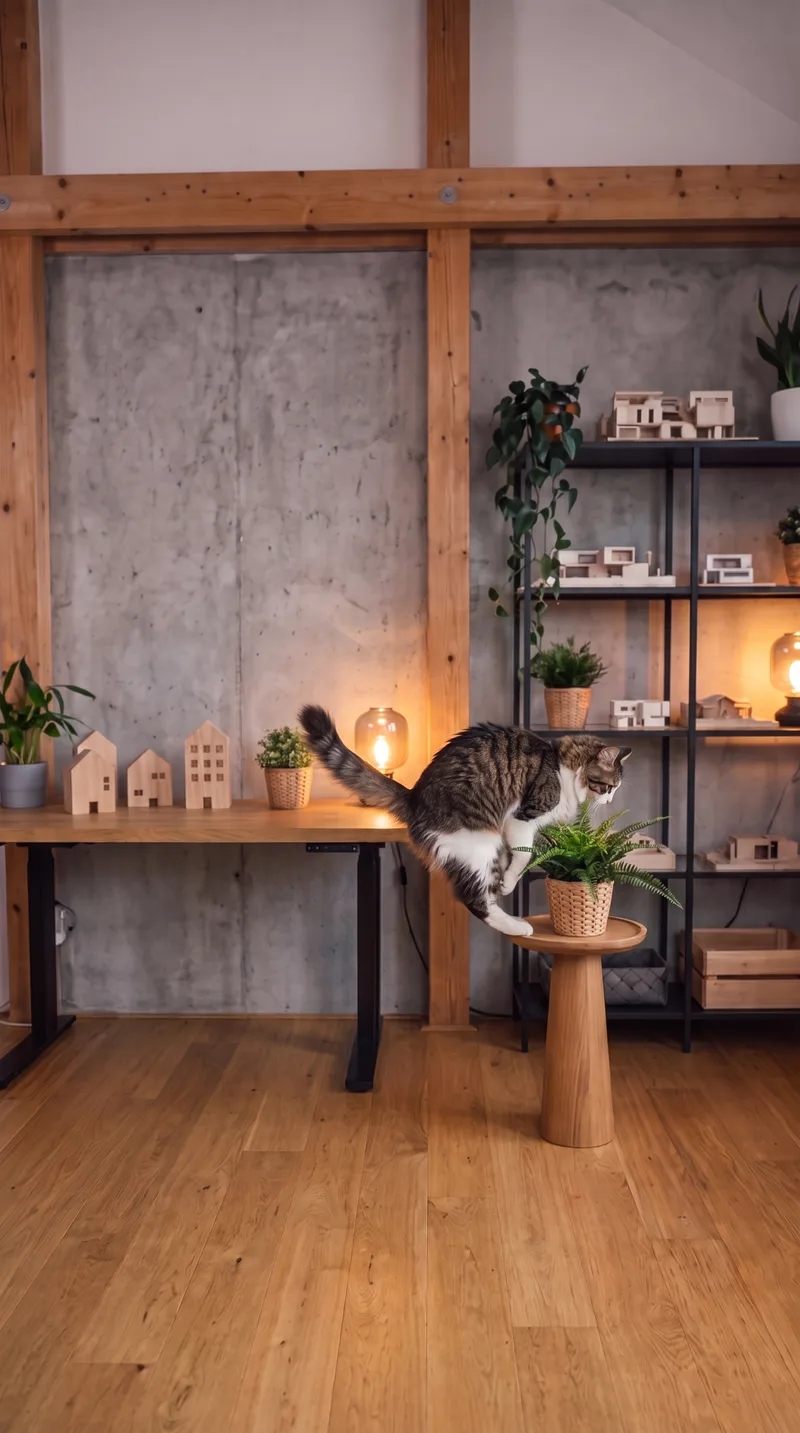 Die Katze streift über Julians Schreibtisch